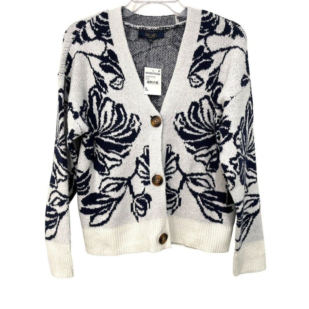 New Rachel Roy Nordstrom Floral Knit Cardigan Sweater Navy & White Medium